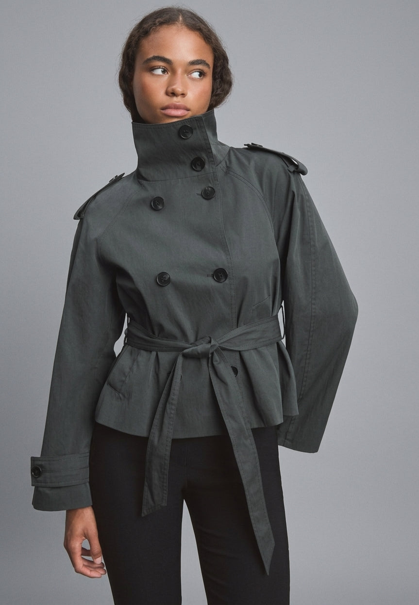 Cotton Short Double Breasted Trench Coat featuring a High Neck Commuter Jacket by Lilla