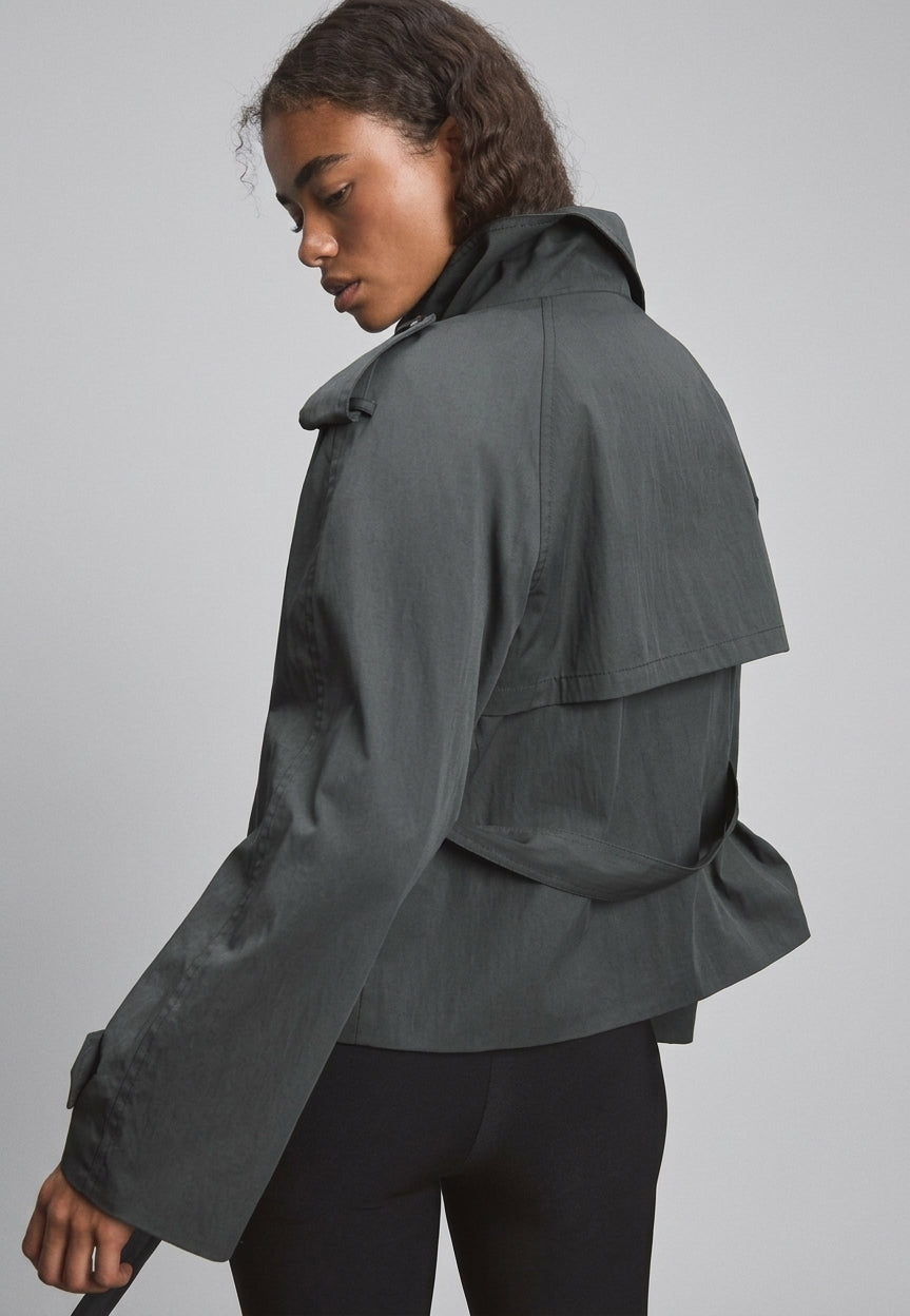 Cotton Short Double Breasted Trench Coat featuring a High Neck Commuter Jacket by Lilla