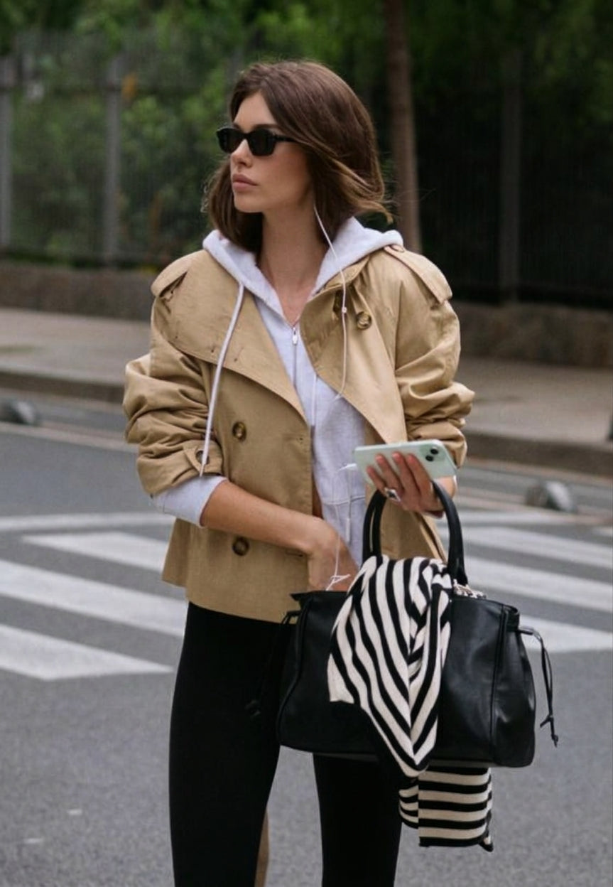 Cotton Short Belted Trench Coat featuring a High Neck Transitional Jacket by Lilla