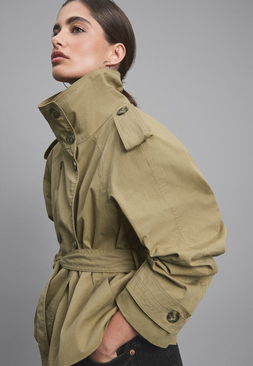 Cotton Short Trench Coat featuring a High Neck Everyday Commute Outerwear by Lilla