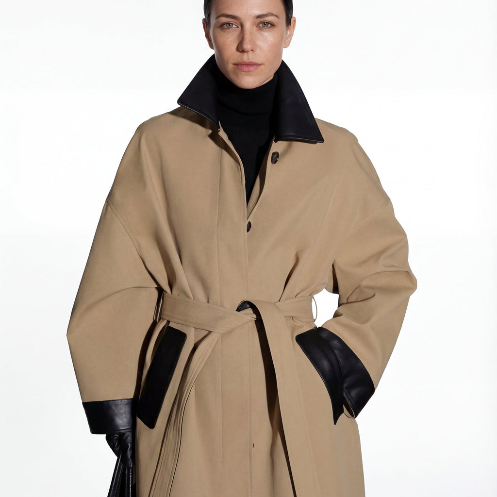 Trench Coat For All Occasions Cotton With Faux Leather Accents Adjustable Belt Oversized Fit Black 3