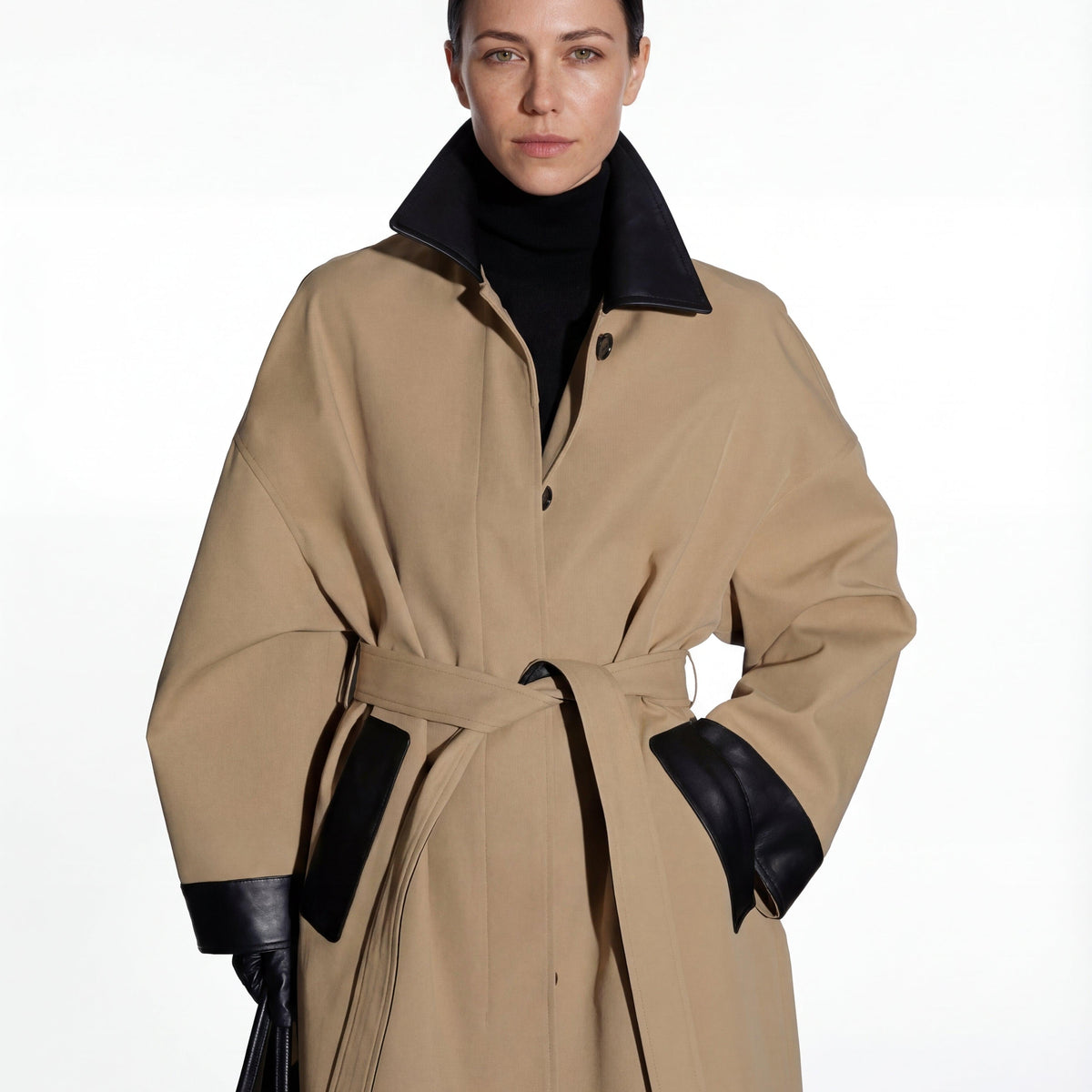 Trench Coat For All Occasions Cotton With Faux Leather Accents Adjustable Belt Oversized Fit Black 3