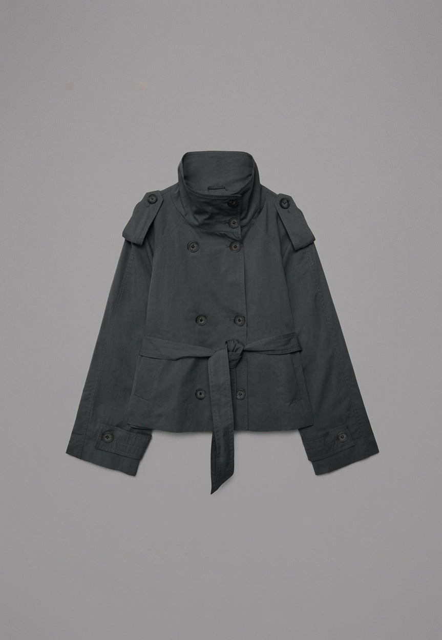 Cotton Short Double Breasted Trench Coat featuring a High Neck Commuter Jacket by Lilla