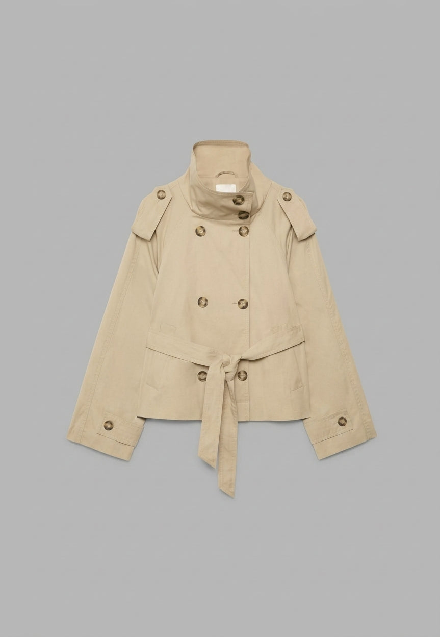 Cotton Short Belted Trench Coat featuring a High Neck Transitional Jacket by Lilla