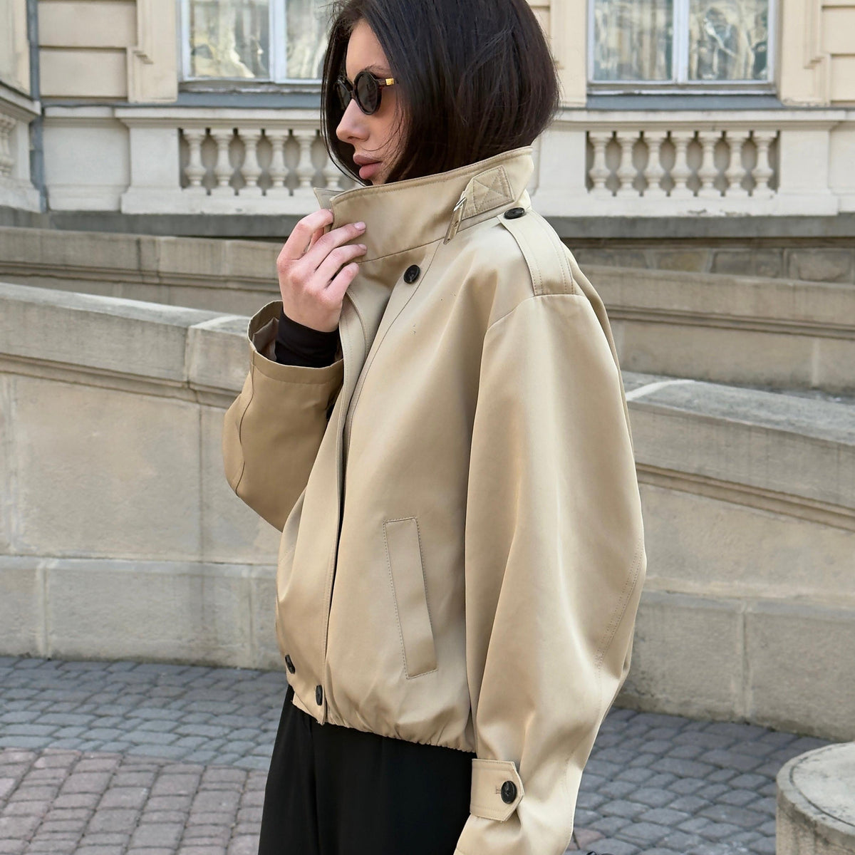 Cotton Cropped Trench Coat featuring an Adjustable Belt Transitional Outerwear by Lilla