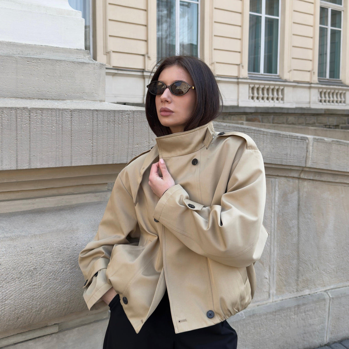 Cotton Cropped Trench Coat featuring an Adjustable Belt Transitional Outerwear by Lilla