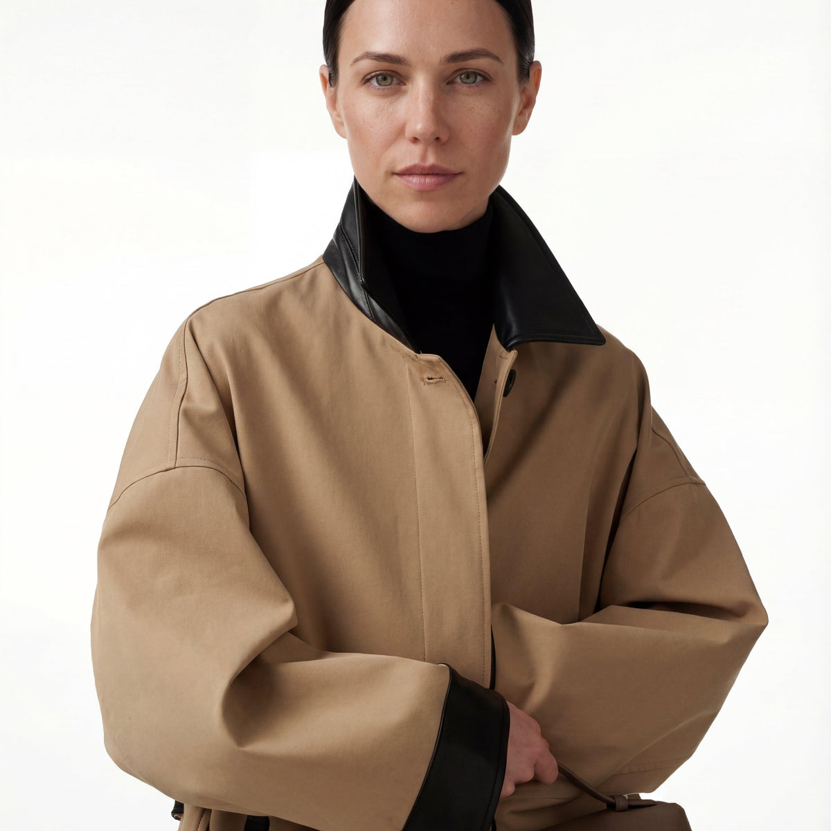 Trench Coat For All Occasions Cotton With Faux Leather Accents Adjustable Belt Oversized Fit Black 5