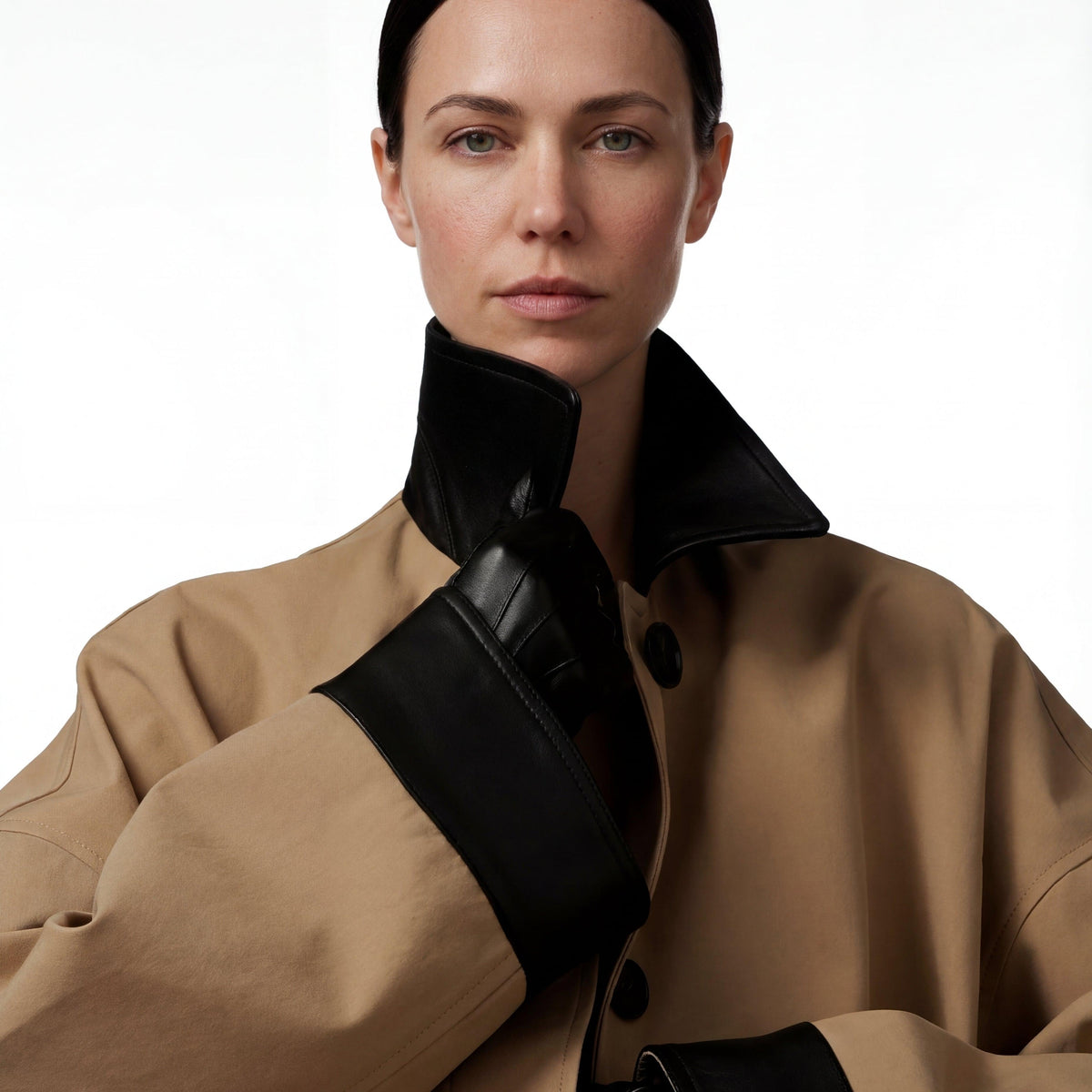 Trench Coat For All Occasions Cotton With Faux Leather Accents Adjustable Belt Oversized Fit Black 4