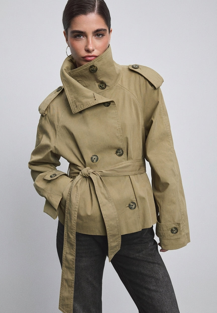 Cotton Short Trench Coat featuring a High Neck Everyday Commute Outerwear by Lilla