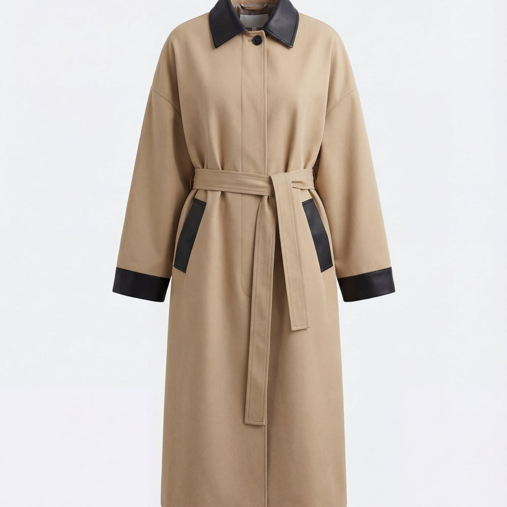 Trench Coat For All Occasions Cotton With Faux Leather Accents Adjustable Belt Oversized Fit Black 2