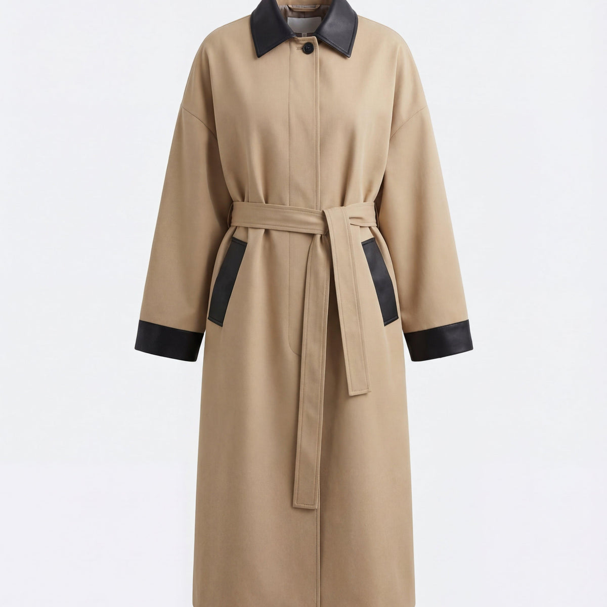 Trench Coat For All Occasions Cotton With Faux Leather Accents Adjustable Belt Oversized Fit Black 2