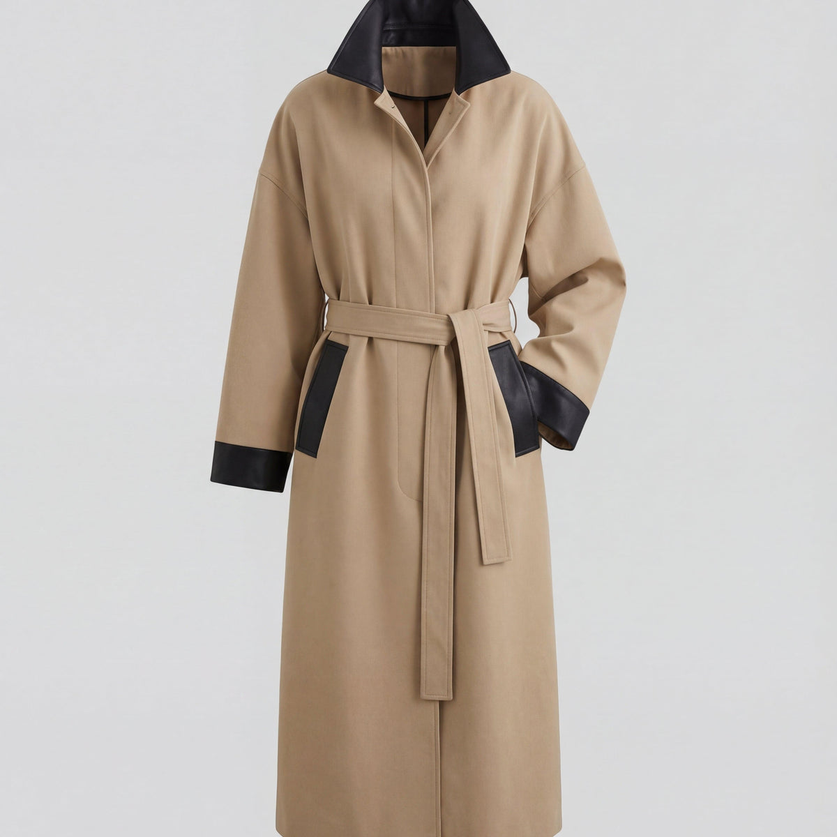 Trench Coat For All Occasions Cotton With Faux Leather Accents Adjustable Belt Oversized Fit Black 1