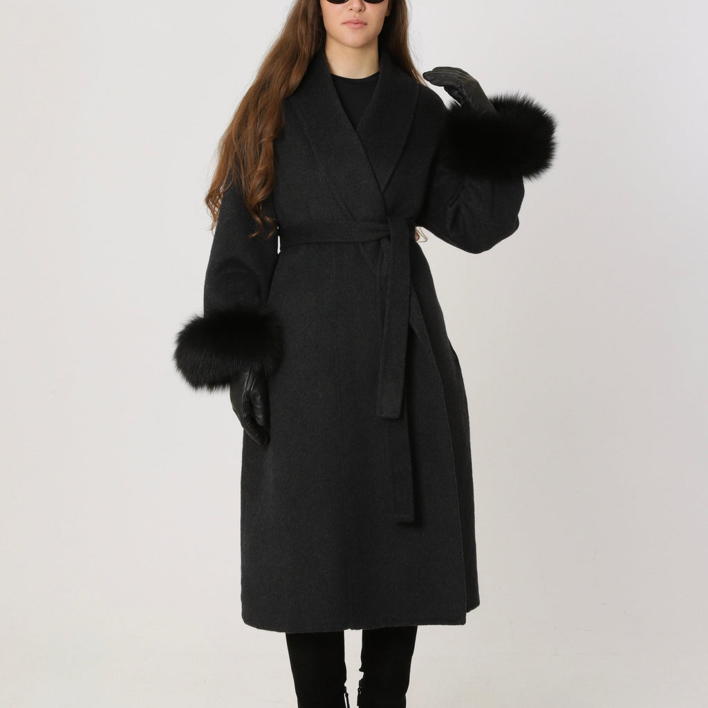 Wool Relaxed Long Coat featuring Natural Fur Cuffs Winter Outerwear by Lilla