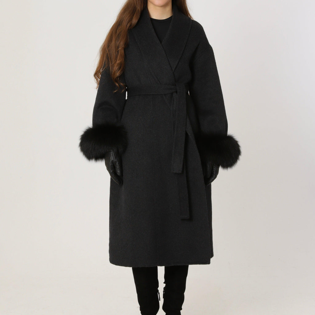 Wool Relaxed Long Coat featuring Natural Fur Cuffs Winter Outerwear by Lilla
