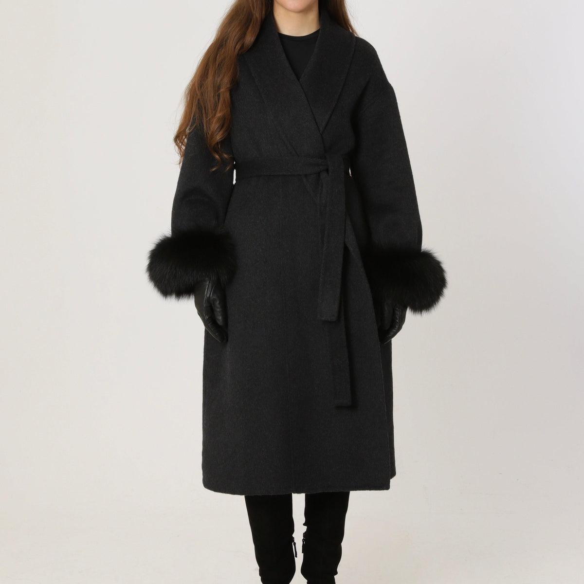 Wool Relaxed Long Coat featuring Natural Fur Cuffs Winter Outerwear by Lilla