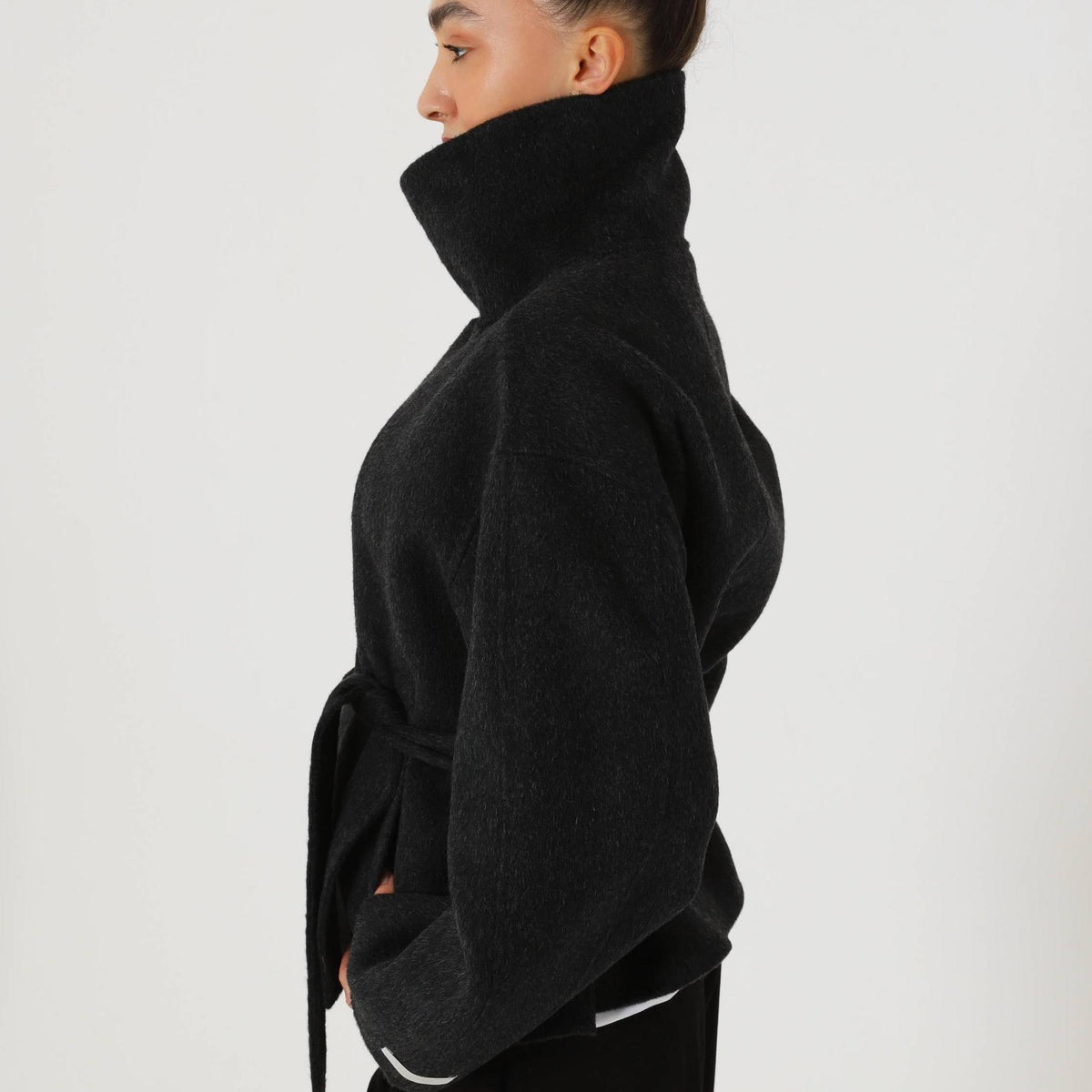 Double Faced Wool Oversized Short Coat with a Structured High Collar for Cold Weather by Lilla