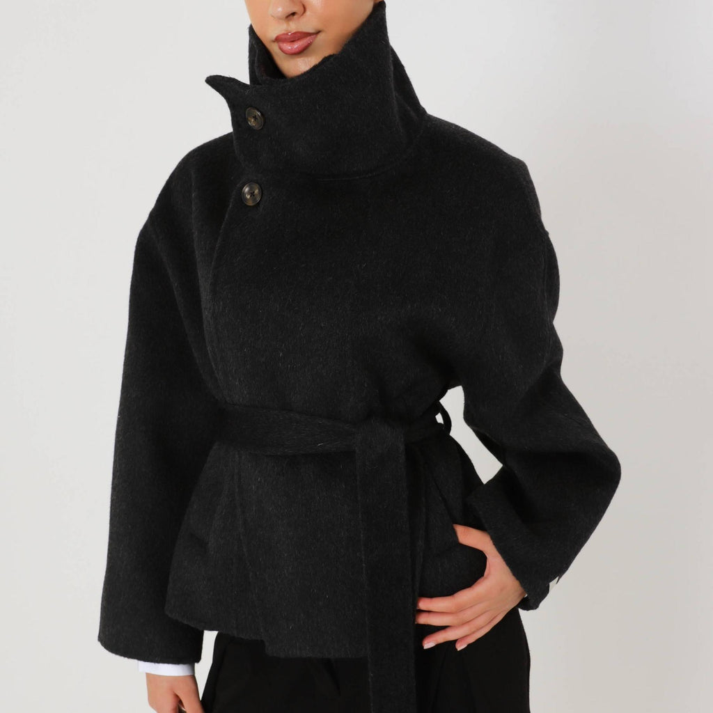 Double Faced Wool Oversized Short Coat with a Structured High Collar for Cold Weather by Lilla