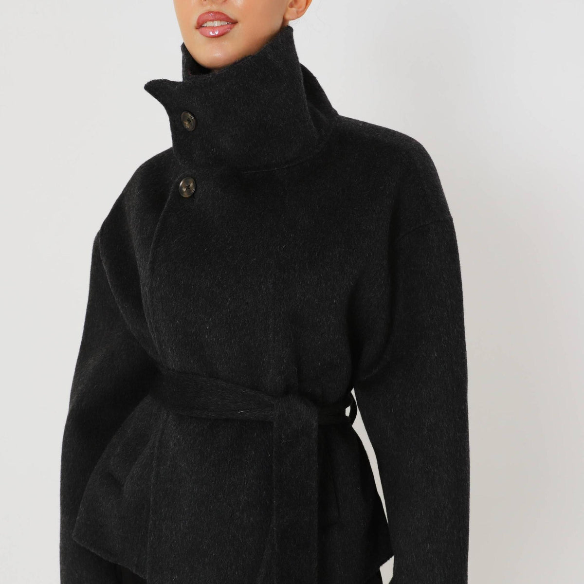 Double Faced Wool Oversized Short Coat with a Structured High Collar for Cold Weather by Lilla