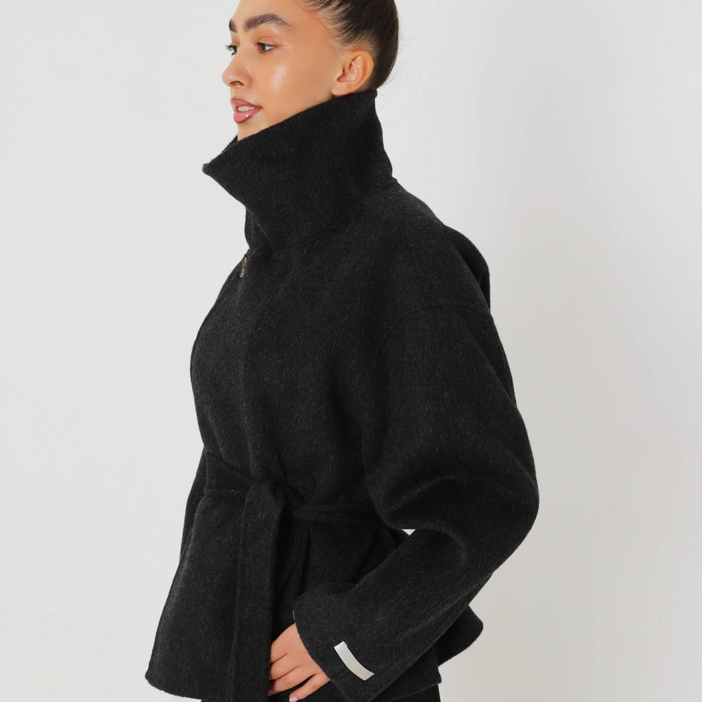 Double Faced Wool Oversized Short Coat with a Structured High Collar for Cold Weather by Lilla