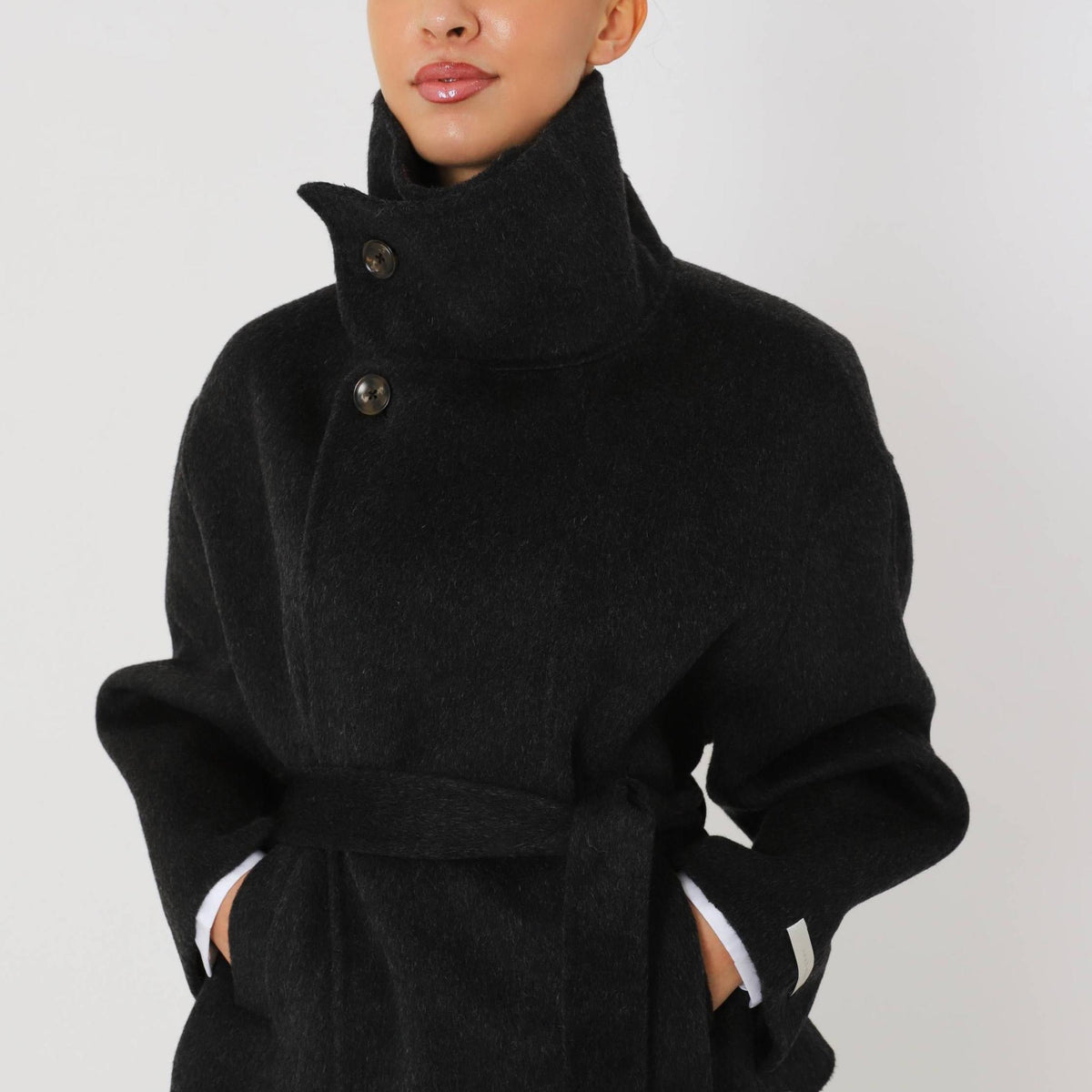 Double Faced Wool Oversized Short Coat with a Structured High Collar for Cold Weather by Lilla