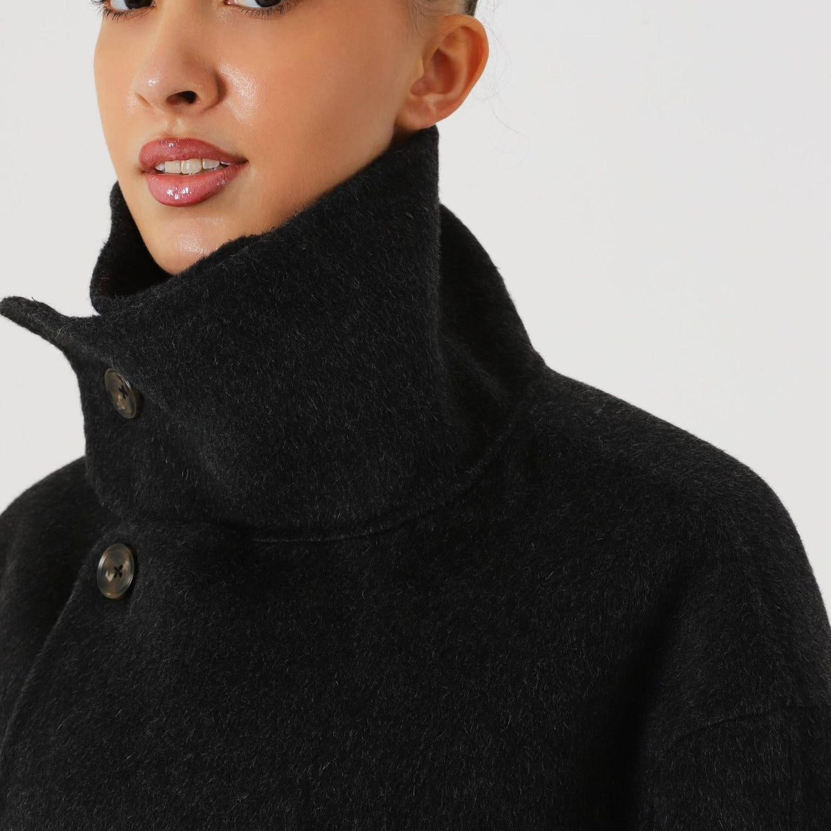 Double Faced Wool Oversized Short Coat with a Structured High Collar for Cold Weather by Lilla