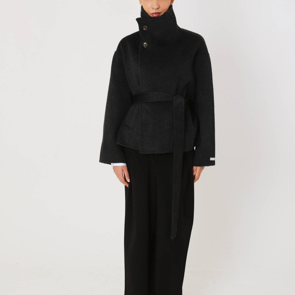 Double Faced Wool Oversized Short Coat with a Structured High Collar for Cold Weather by Lilla