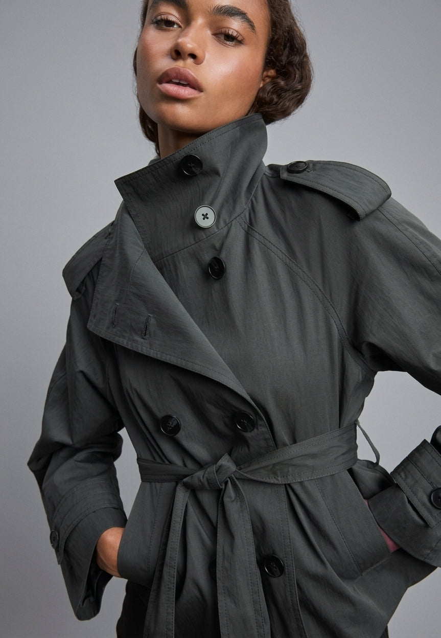 Cotton Short Double Breasted Trench Coat featuring a High Neck Commuter Jacket by Lilla