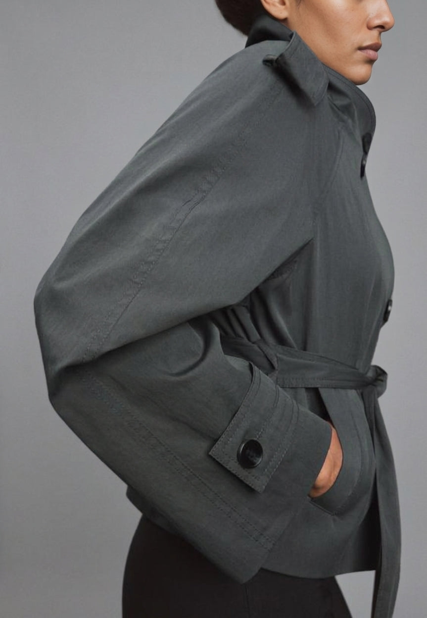 Cotton Short Double Breasted Trench Coat featuring a High Neck Commuter Jacket by Lilla