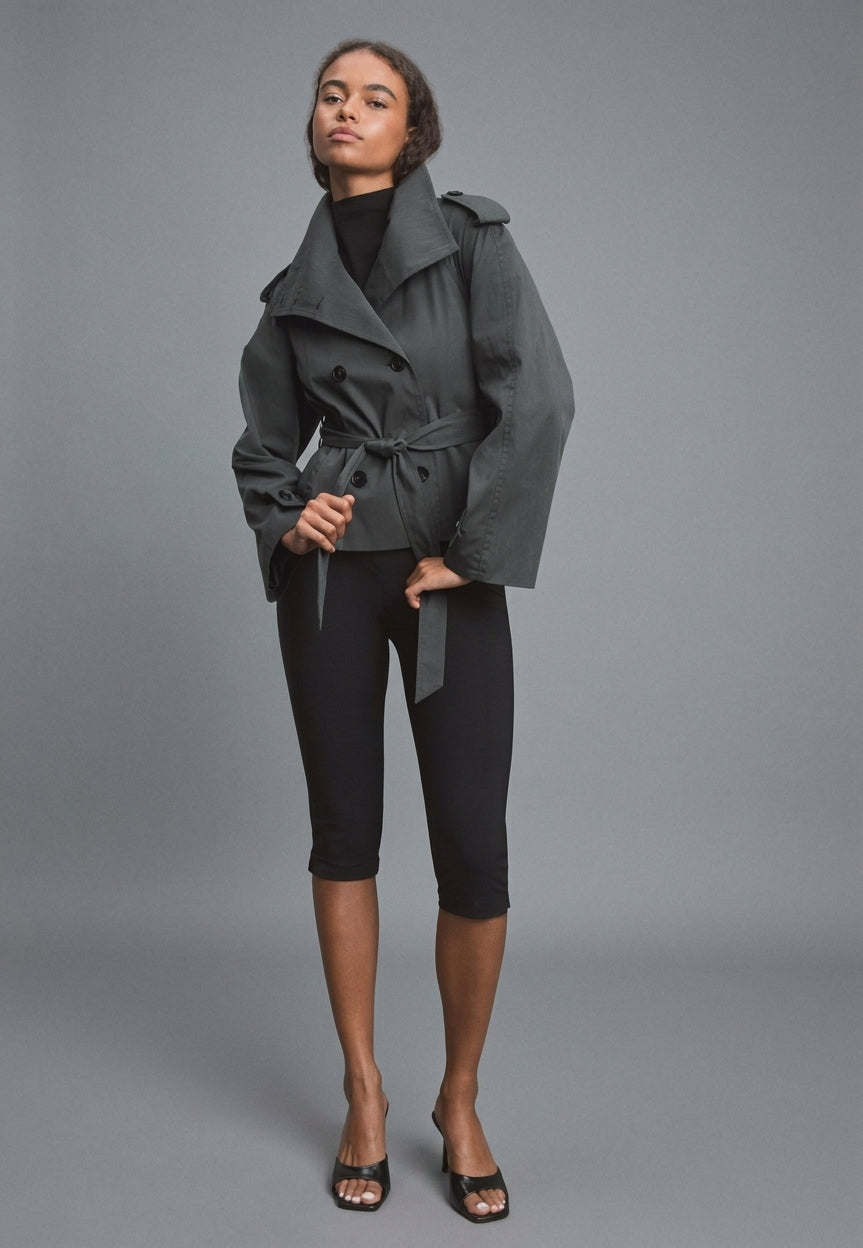 Cotton Short Double Breasted Trench Coat featuring a High Neck Commuter Jacket by Lilla