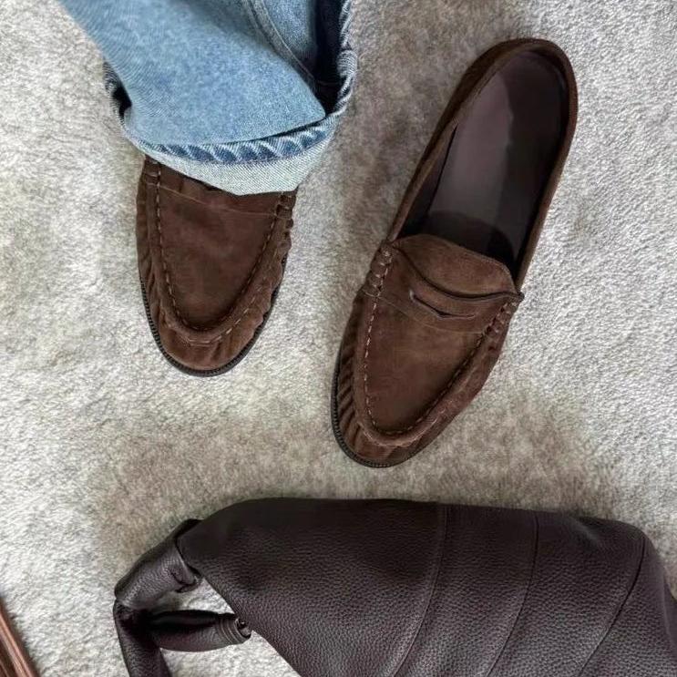 Classic Round Toe Slip On Loafers featuring Visible Stitching Everyday Work Shoes by Lilla