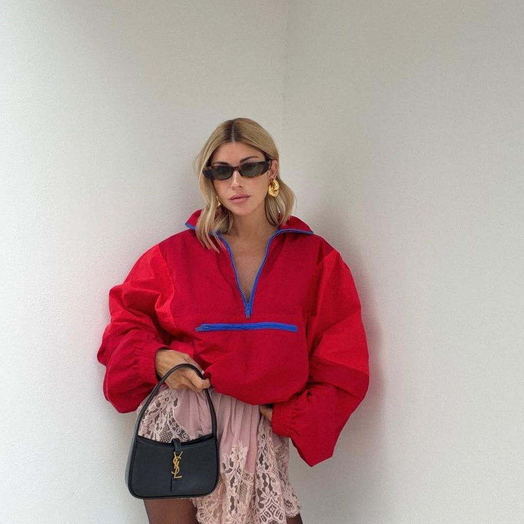 Colorblock Cropped Windbreaker Jacket featuring a Half Zip Collar Casual Outerwear by Lilla
