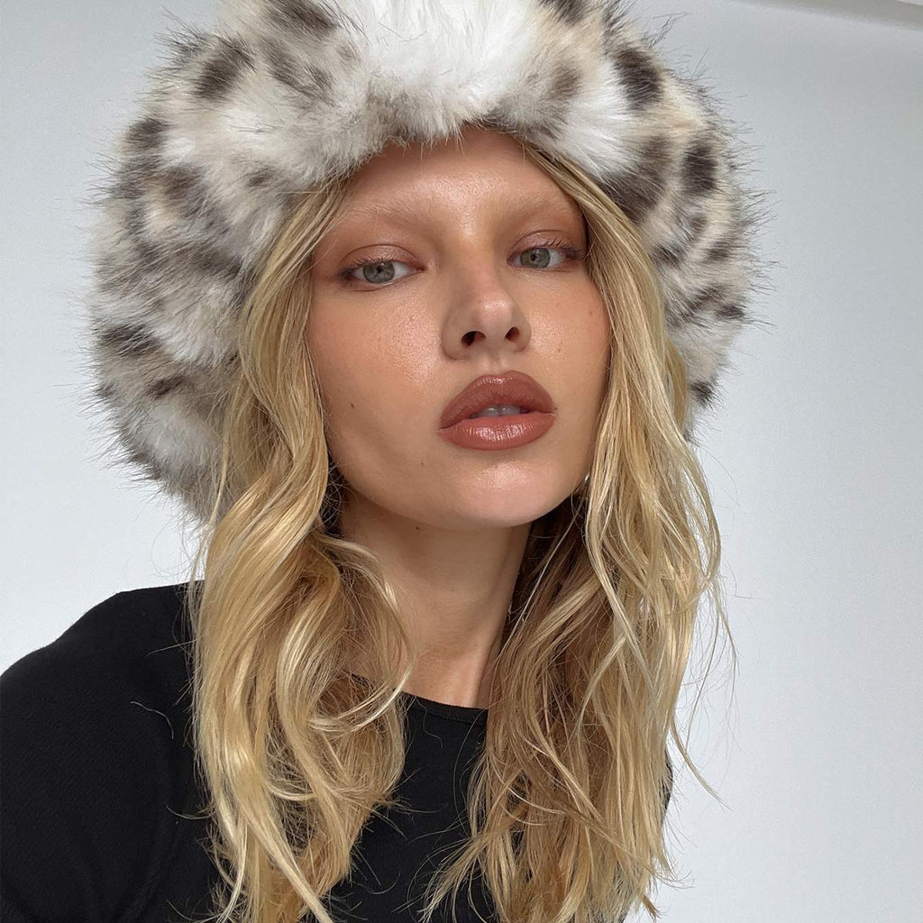 Dalmatian Print Relaxed Fluffy Hat featuring Plush High Pile Texture Cold Weather Headwear by Lilla