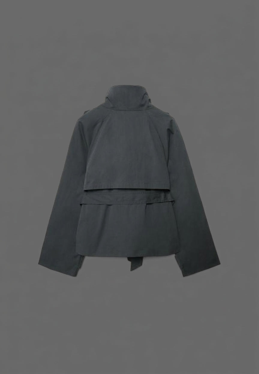 Cotton Short Double Breasted Trench Coat featuring a High Neck Commuter Jacket by Lilla