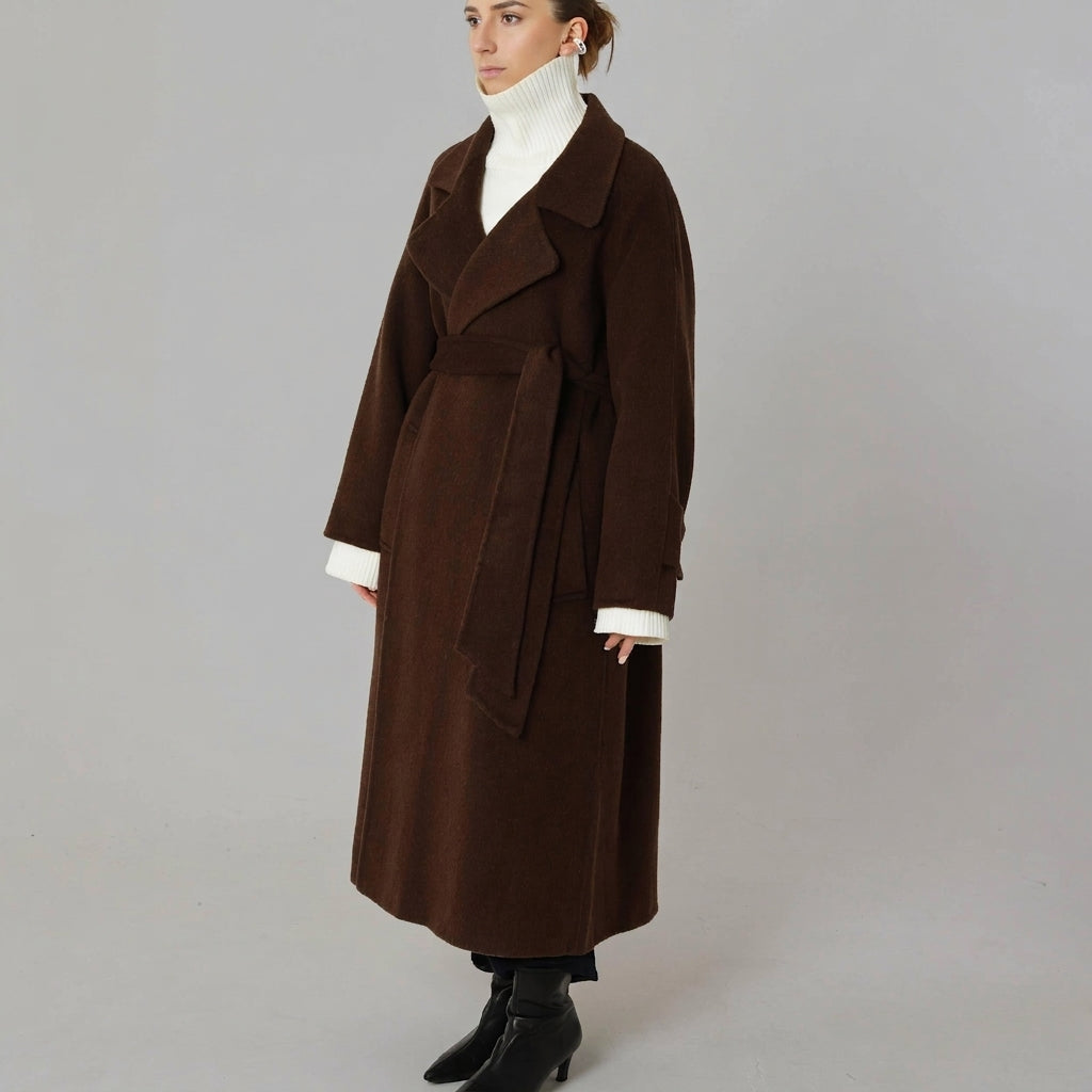 Wool Relaxed Long Coat featuring a Matching Tie Belt Everyday Winter Outerwear by Lilla