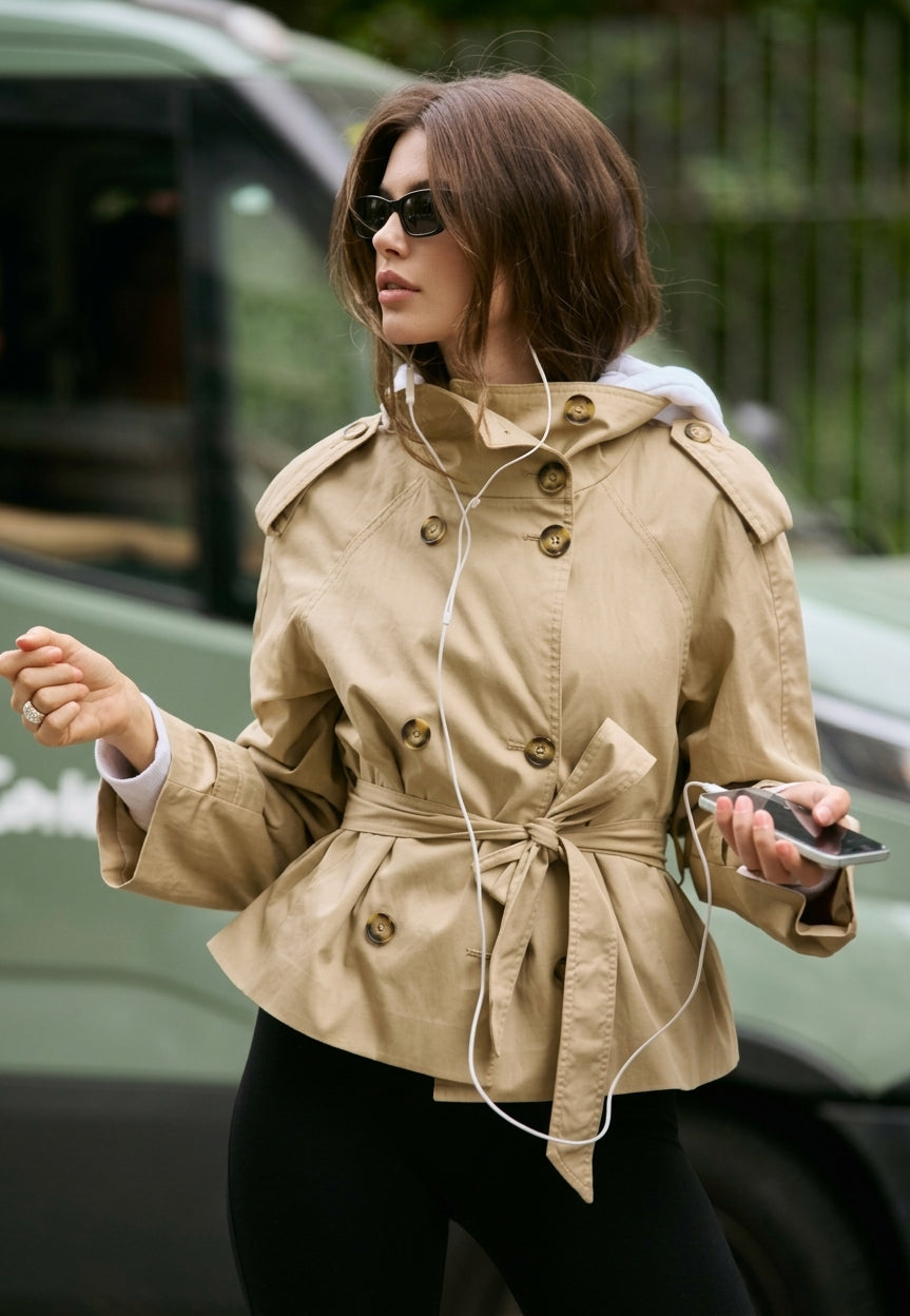 Cotton Short Belted Trench Coat featuring a High Neck Transitional Jacket by Lilla