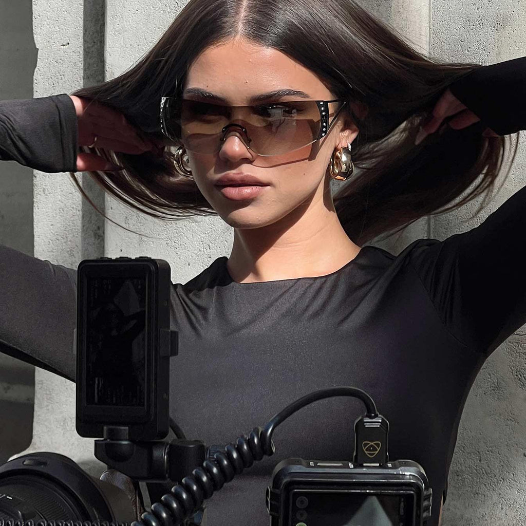 Futuristic Shield Visor Sunglasses featuring Diamante Details Festival Eyewear by Lilla