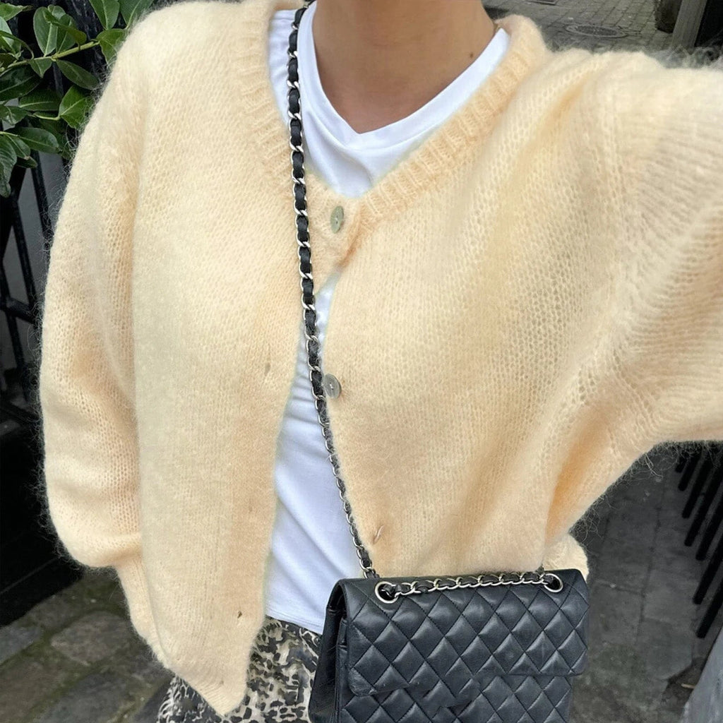 Fuzzy Oversized Knit Cardigan featuring Front Button Closure Everyday Layering Sweater by Lilla
