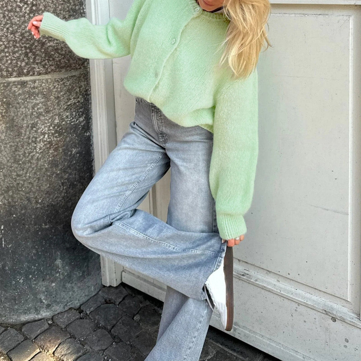 Fuzzy Oversized Knit Cardigan featuring Front Button Closure Everyday Layering Sweater by Lilla