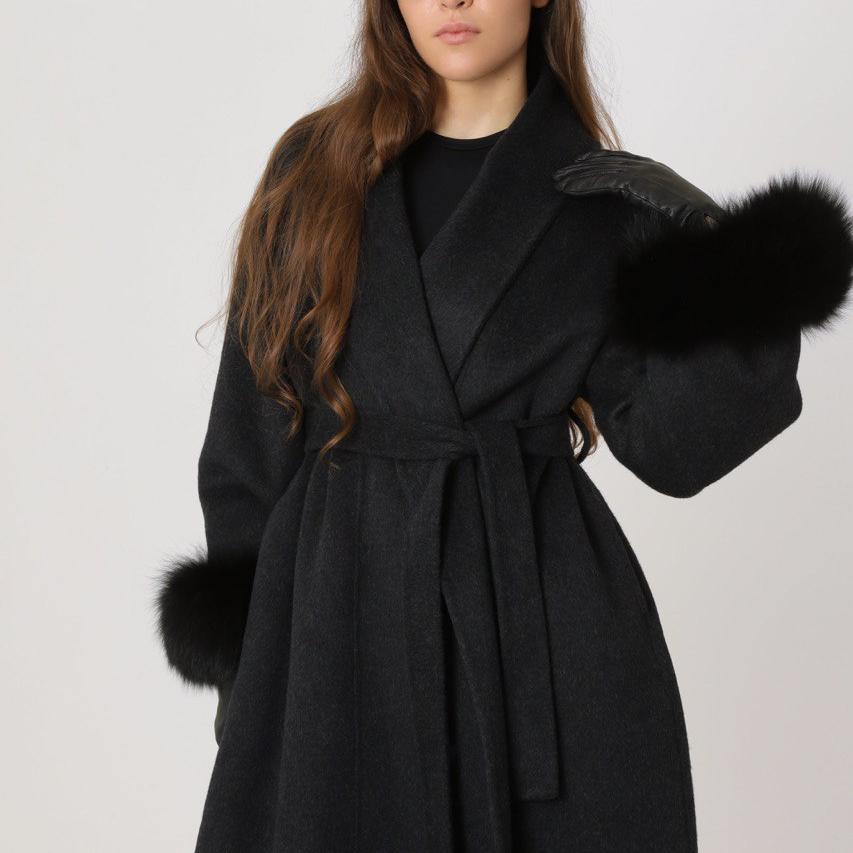 Wool Relaxed Long Coat featuring Natural Fur Cuffs Winter Outerwear by Lilla
