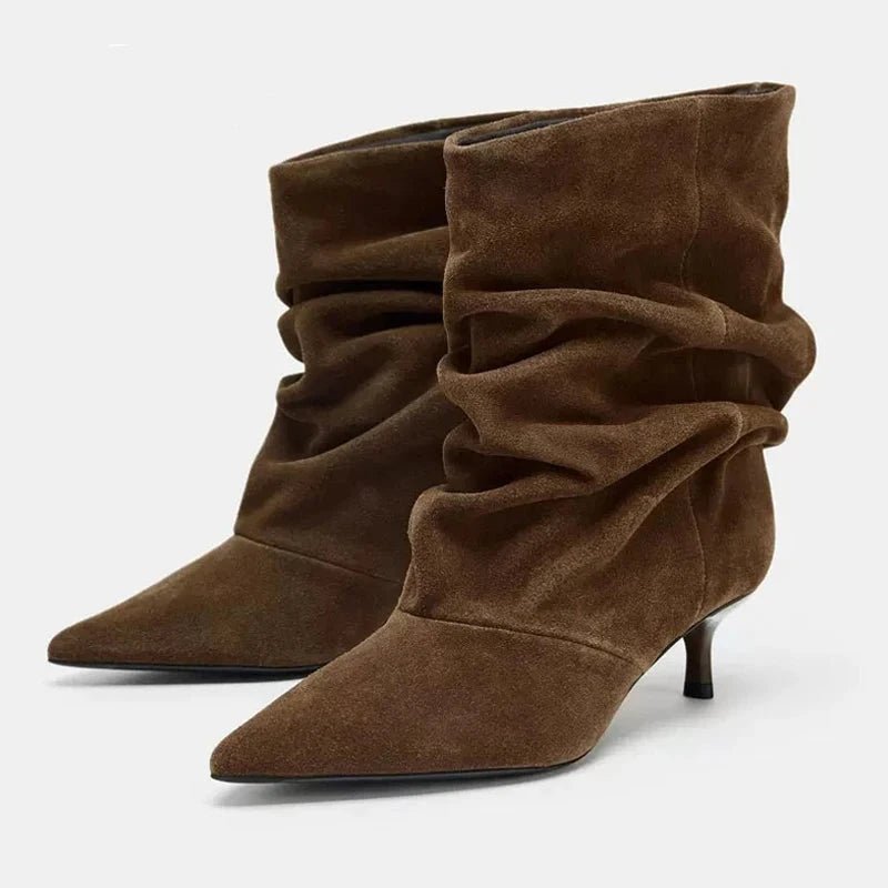 Ruched Pointed Toe Ankle Boots featuring Low Kitten Heel Evening Booties by Lilla