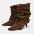 Ruched Pointed Toe Ankle Boots featuring Low Kitten Heel Evening Booties by Lilla