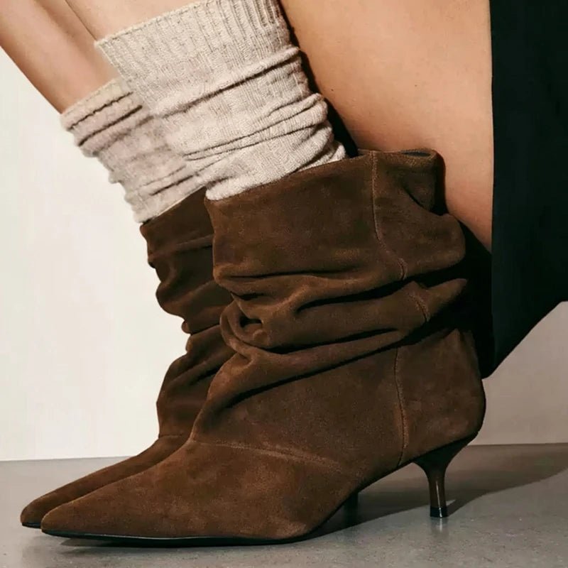 Ruched Pointed Toe Ankle Boots featuring Low Kitten Heel Evening Booties by Lilla