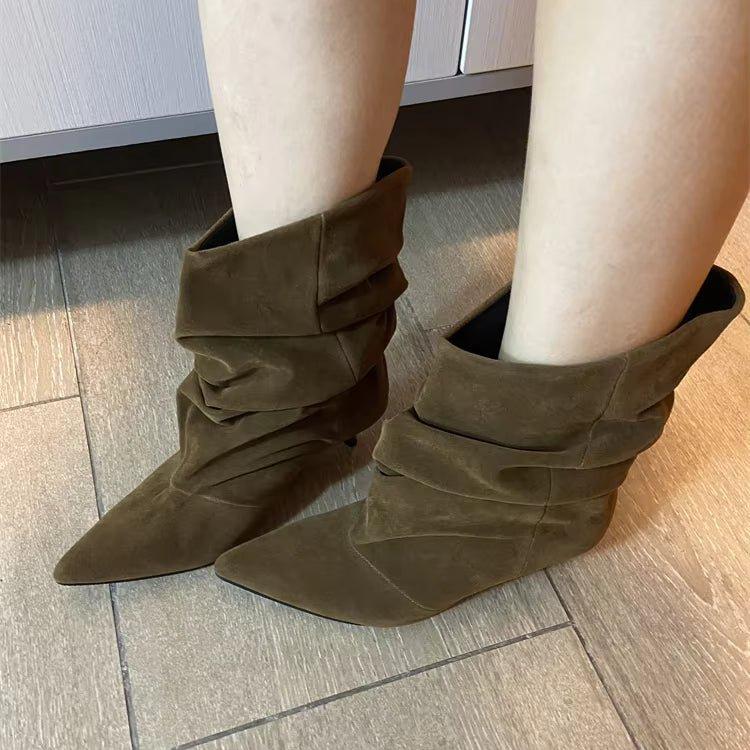 Ruched Pointed Toe Ankle Boots featuring Low Kitten Heel Evening Booties by Lilla