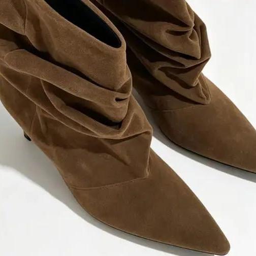 Ruched Pointed Toe Ankle Boots featuring Low Kitten Heel Evening Booties by Lilla
