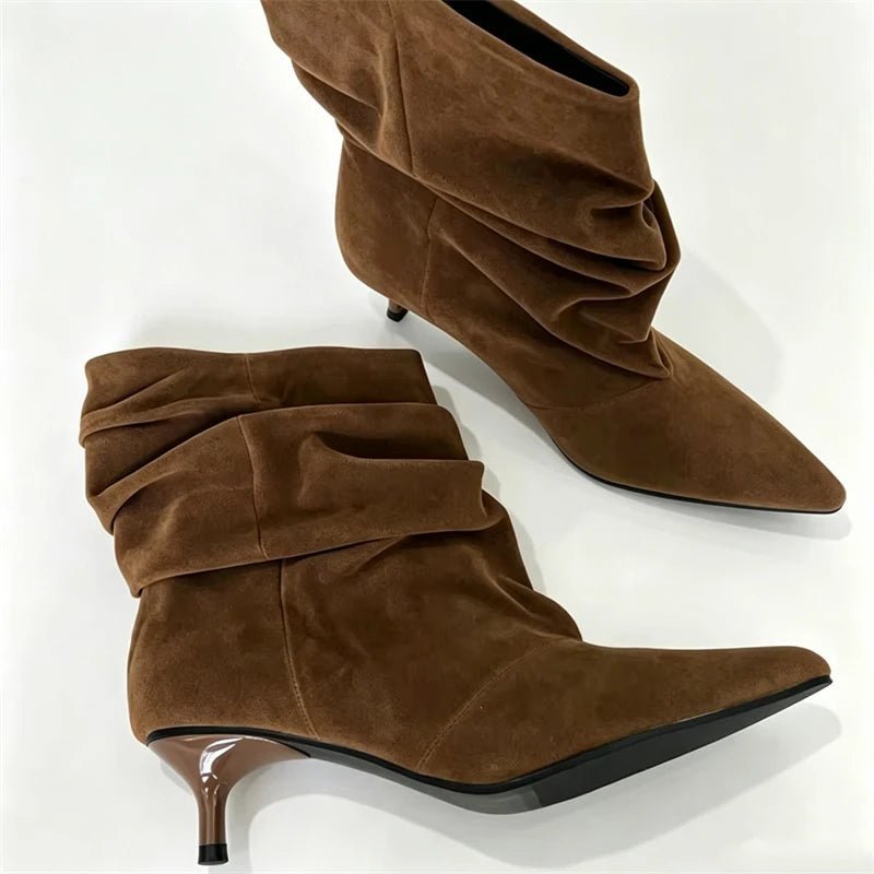Ruched Pointed Toe Ankle Boots featuring Low Kitten Heel Evening Booties by Lilla