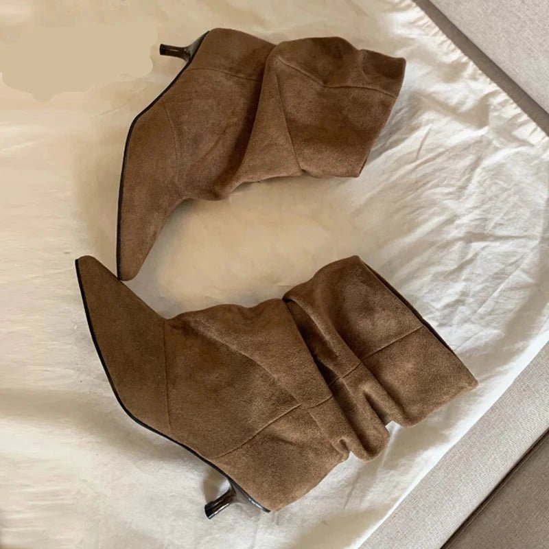 Ruched Pointed Toe Ankle Boots featuring Low Kitten Heel Evening Booties by Lilla