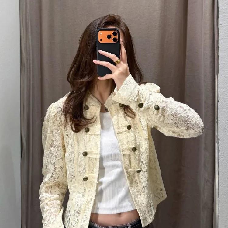 Sheer Lace Patchwork Slim Jacket featuring Single Breasted Closure Evening Blazer by Lilla