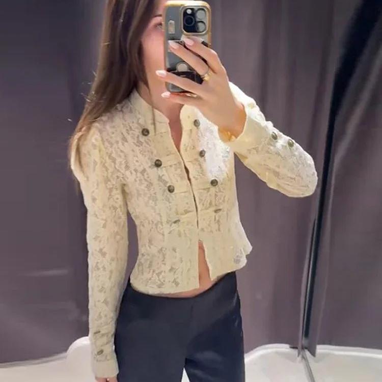Sheer Lace Patchwork Slim Jacket featuring Single Breasted Closure Evening Blazer by Lilla