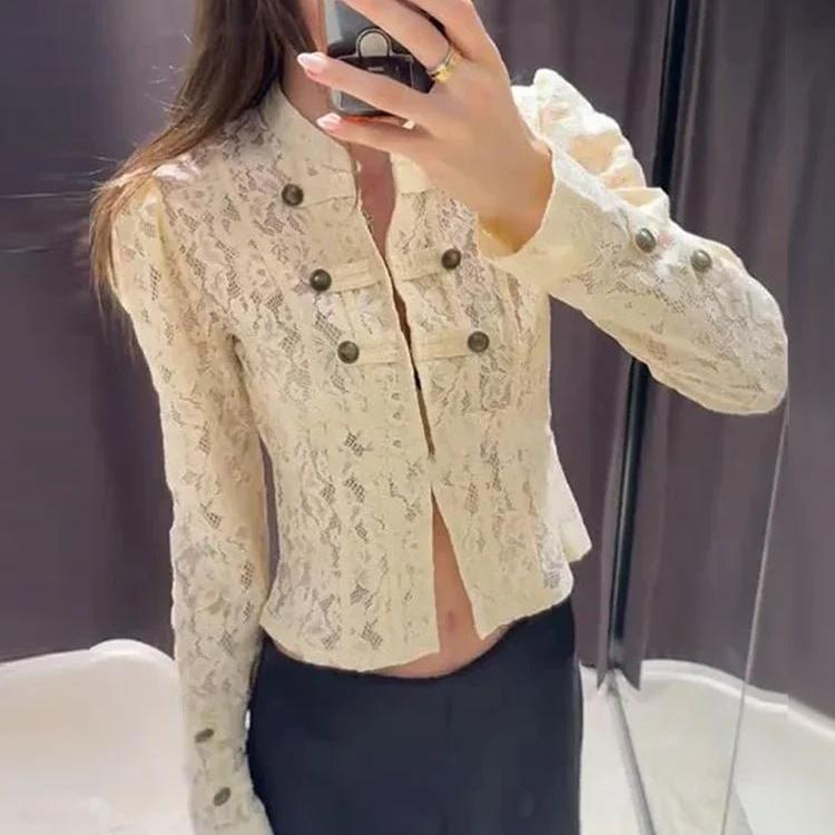 Sheer Lace Patchwork Slim Jacket featuring Single Breasted Closure Evening Blazer by Lilla