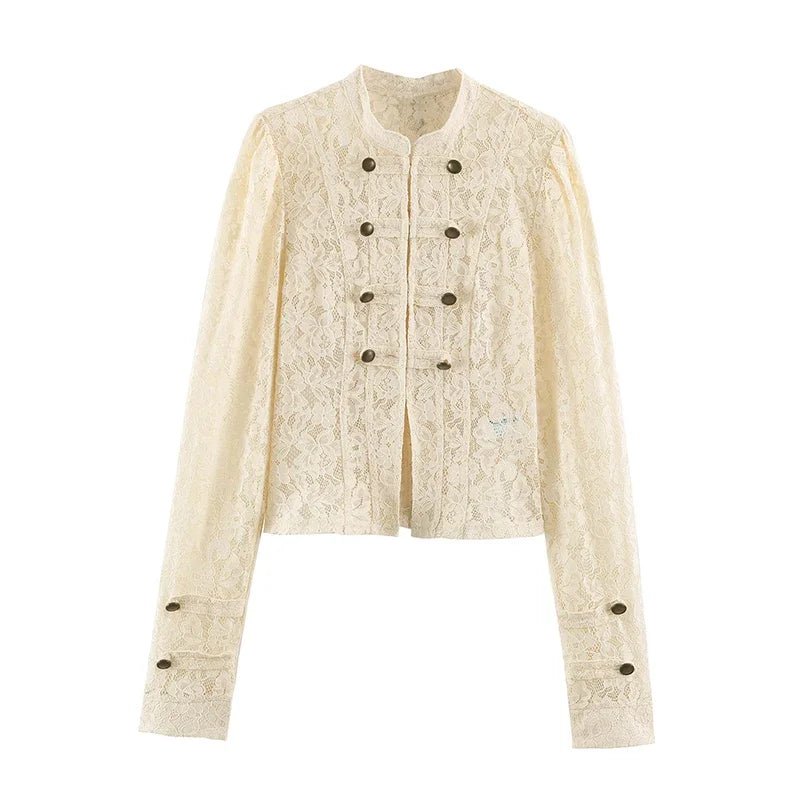 Sheer Lace Patchwork Slim Jacket featuring Single Breasted Closure Evening Blazer by Lilla